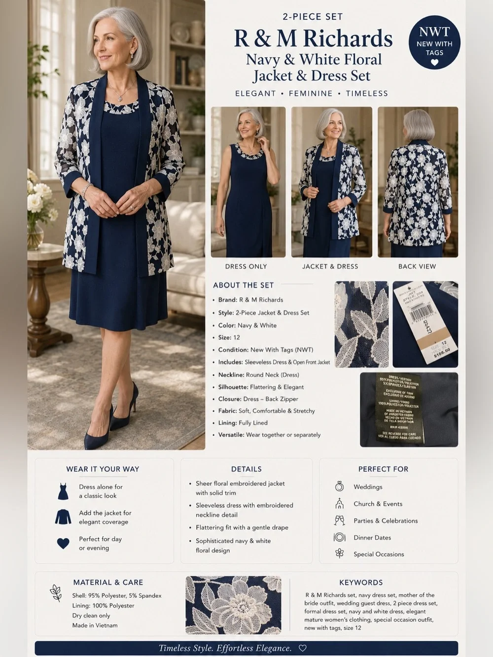 R&M Richards Navy White Dress & sheer Floral Jacket NWT 2 pieces Modest midi 
12 - Picture 15 of 15